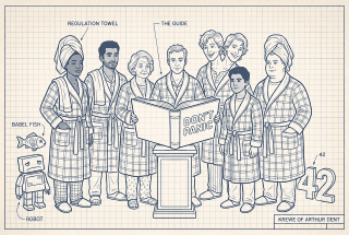 Blueprint-style illustration of the Krewe of Arthur Dent: a diverse group in bathrobes and towels gathered around the Guide, with a babel fish, a glum robot, and a giant 42