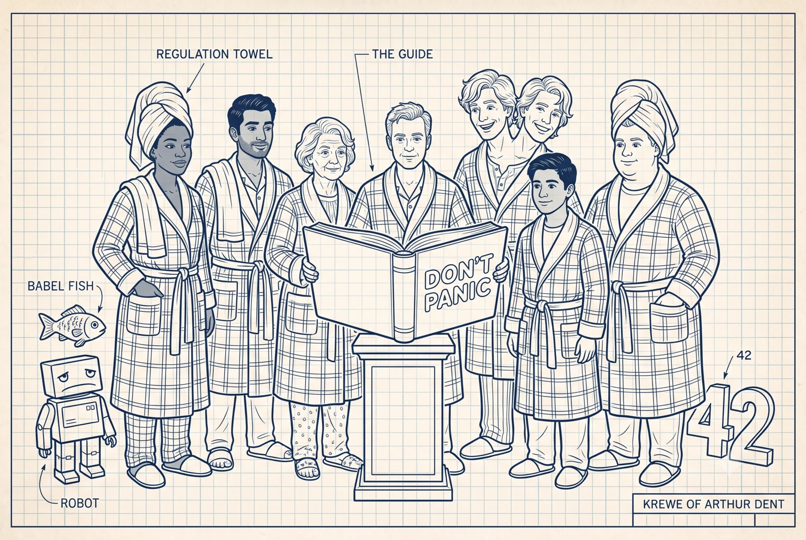 Blueprint-style illustration of the Krewe of Arthur Dent: a diverse group in bathrobes and towels gathered around the Guide, with a babel fish, a glum robot, and a giant 42